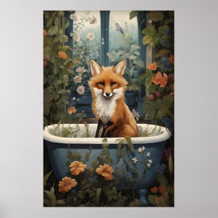 Fox Bathroom Print, Fox Tub Flower Bath Bathtub Poster