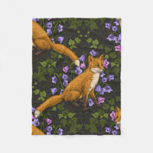  Fox, bellflowers and ivy, green, orange and viole Fleece Blanket