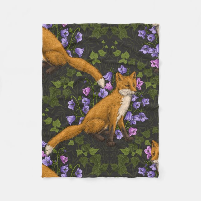  Fox, bellflowers and ivy, green, orange and viole Fleece Blanket (Front)