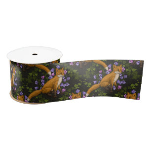  Fox, bellflowers and ivy, green, orange and viole Satin Ribbon
