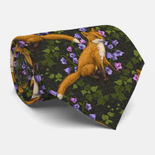 Fox, bellflowers and ivy, green, orange and viole Tie