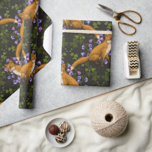 Fox, bellflowers and ivy, green, orange and viole Wrapping Paper