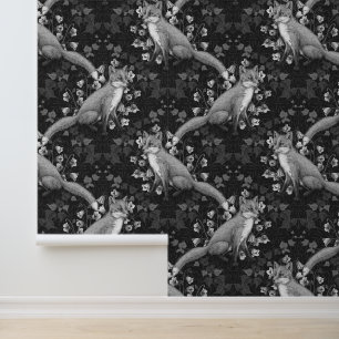 Fox, bellflowers and ivy, monochrome, silver wall