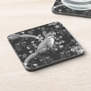 Fox, bellflowers and ivy, monochrome, silver wall Coaster