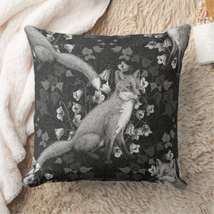 Fox, bellflowers and ivy, monochrome, silver wall Cushion