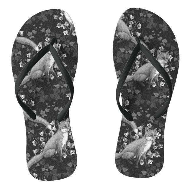  Fox, bellflowers and ivy, monochrome, silver wall Jandals (Footbed)