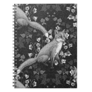  Fox, bellflowers and ivy, monochrome, silver wall Notebook