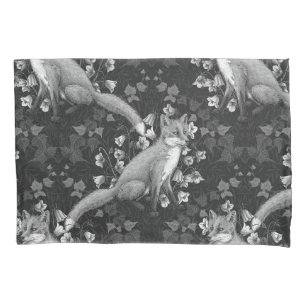 Fox, bellflowers and ivy, monochrome, silver wall Pillowcase