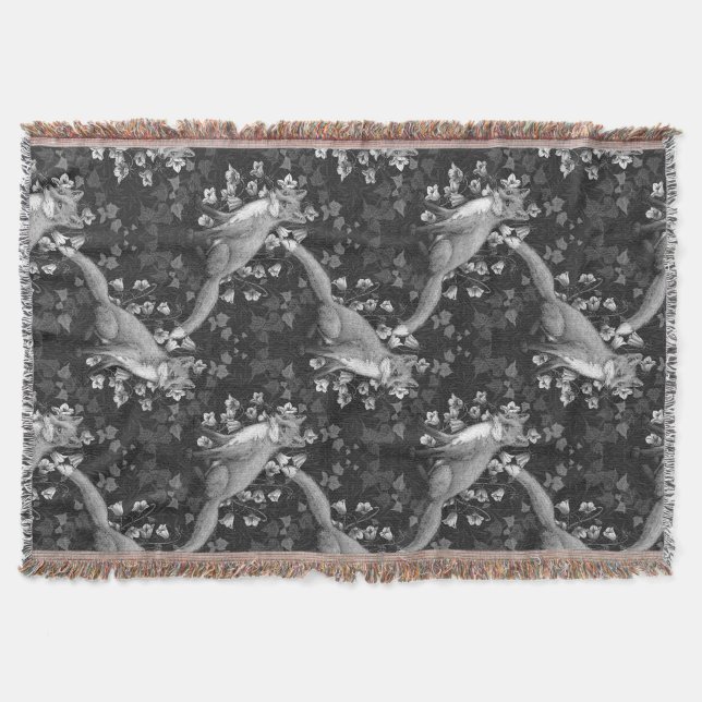  Fox, bellflowers and ivy, monochrome, silver wall Throw Blanket (Front)