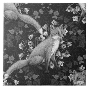  Fox, bellflowers and ivy, monochrome, silver wall Tile