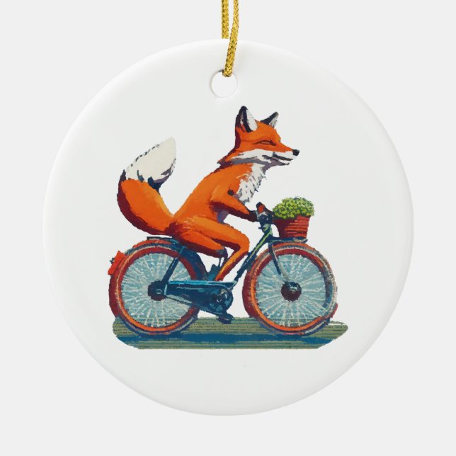 Fox Bicycle Ceramic Tree Decoration (Front)