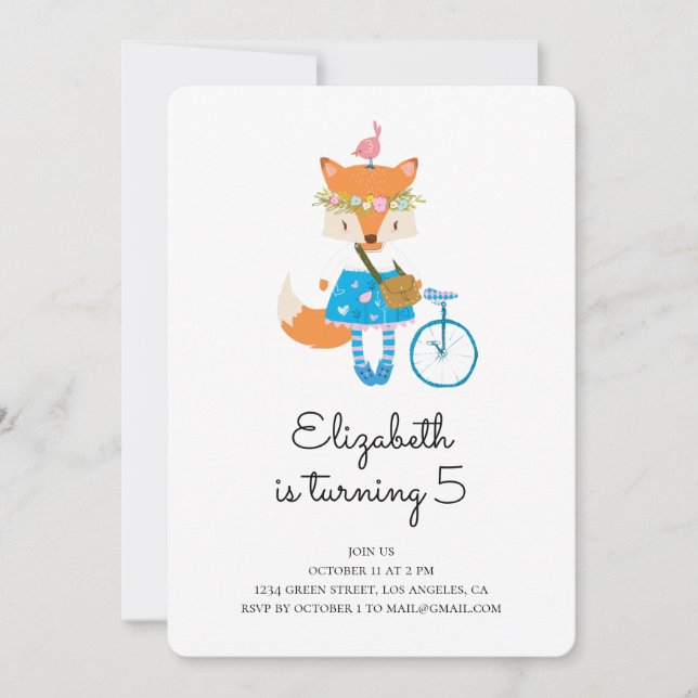 Fox birthday party invitation. Girl baby. Animal Invitation (Front)