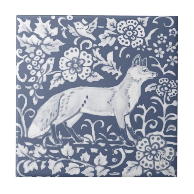 Fox Blue White Woodland  Bird Leaves Denim Tile (Front)