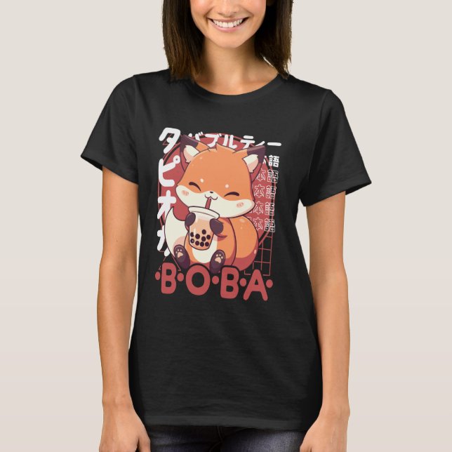 Fox Boba Tea Kawaii Bubble Tea Fox Anime Neko Red  T-Shirt (Front)