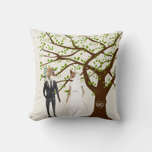 Fox Bride and Groom with Tree Initials Cushion