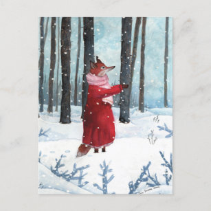 Fox Catching Snowflakes Watercolor Illustration Postcard