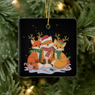Fox Christmas Lights Santa Xmas Forest Animal  Ceramic Ornament