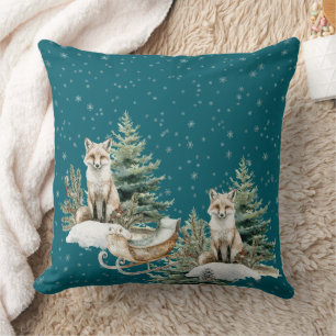 Fox Christmas Tree Sleigh Snowflakes Cushion