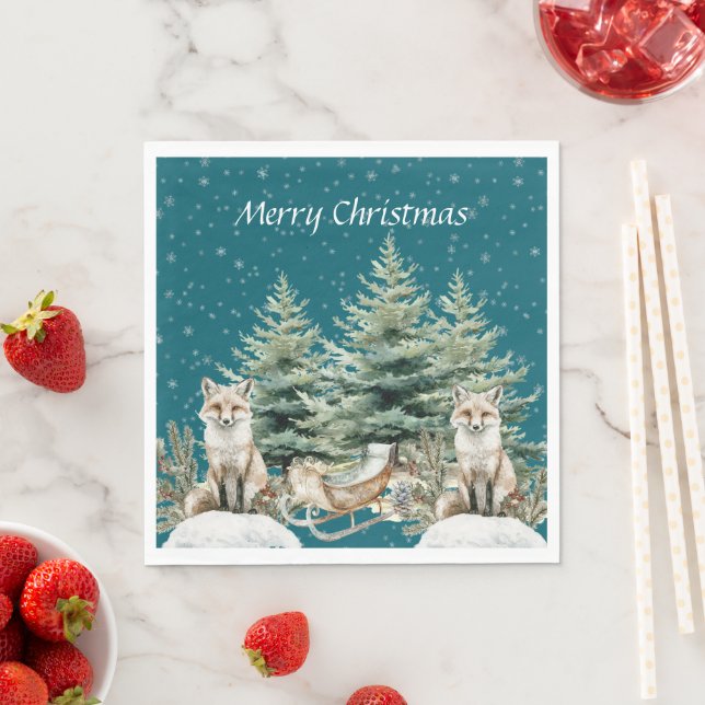 Fox Christmas Tree Sleigh Snowflakes Napkin (Insitu)