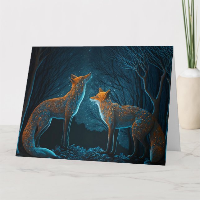 Fox couple in forest by moonlight. Card (Front)
