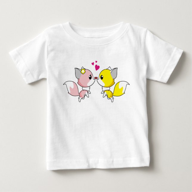 Fox Couple Kissing with Little Hearts Overhead Baby T-Shirt (Front)