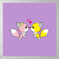 Fox Couple Kissing with Little Hearts Overhead