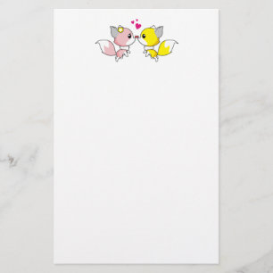 Fox Couple Kissing with Little Hearts Overhead Stationery