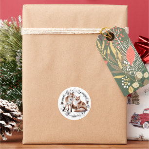 Fox Couple Winter Wreath Christmas Classic Round Sticker