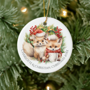 Fox Couple Winter Wreath Christmas Personalised Ceramic Tree Decoration