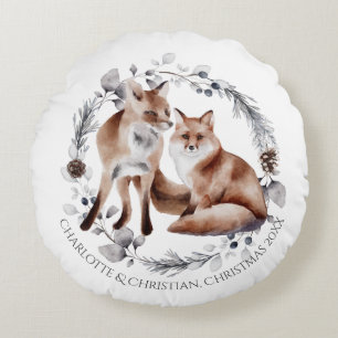 Fox Couple Winter Wreath Christmas Personalised Round Cushion