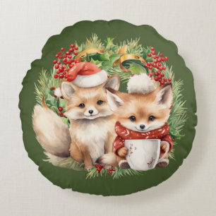 Fox Couple Winter Wreath Christmas Round Cushion