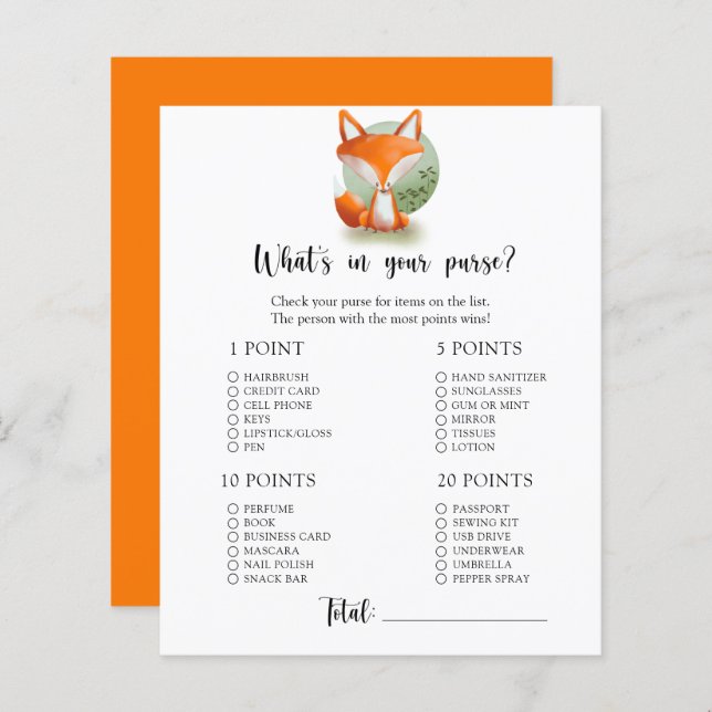 Fox cub - What's in your purse baby shower game (Front/Back)
