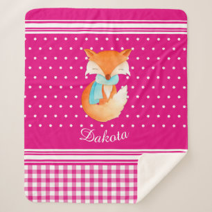Fox cub with scarf art name pink white sherpa blanket