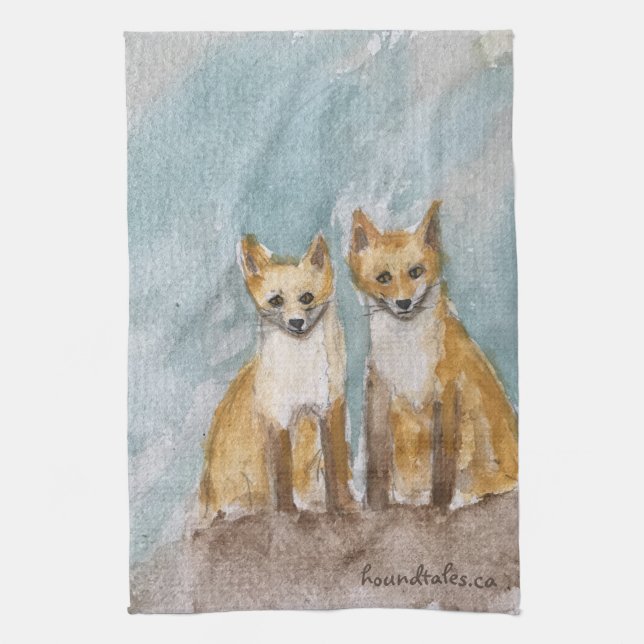 Fox Cubs on a Kitchen Towel (Vertical)
