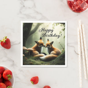 Fox Cuddle in Misty Forest Birthday Napkin