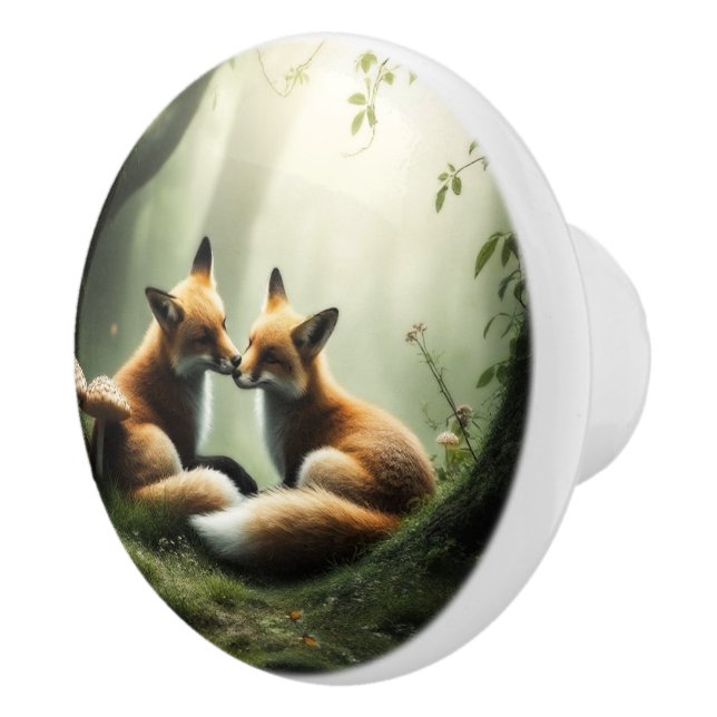 Fox Cuddle in Misty Forest  Ceramic Knob (Right)