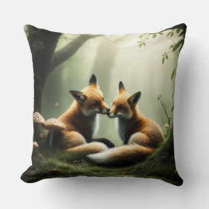 Fox Cuddle in Misty Forest  Cushion
