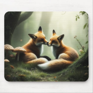 Fox Cuddle in Misty Forest  Mouse Pad