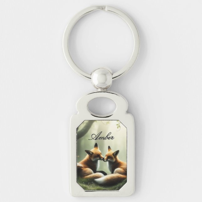 Fox Cuddle in Misty Forest Personalised  Key Ring (Front)