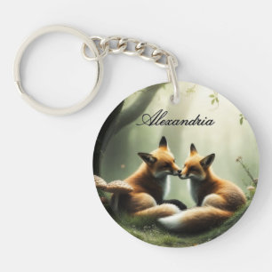 Fox Cuddle in Misty Forest Personalised Key Ring
