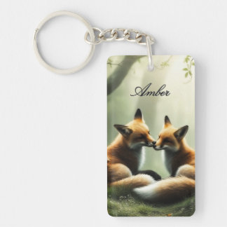 Fox Cuddle in Misty Forest Personalised Key Ring
