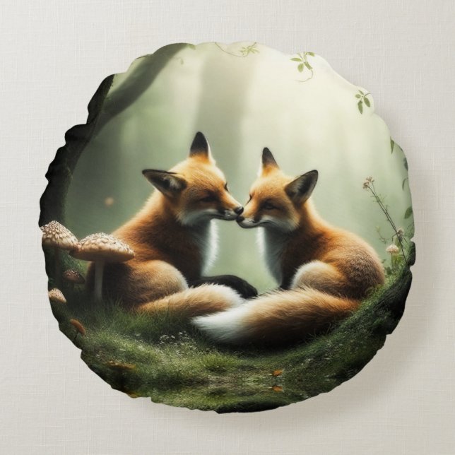 Fox Cuddle in Misty Forest  Round Cushion (Front)