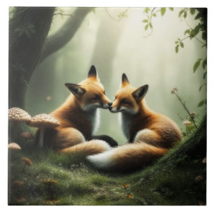 Fox Cuddle in Misty Forest  Tile