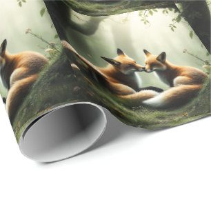 Fox Cuddle in Misty Forest  Wrapping Paper