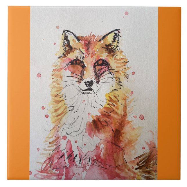 Fox Cute Red Watercolor Painting Art  Tile (Front)