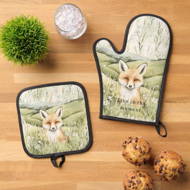 Fox Daisy Flowers Oven Mitt & Pot Holder Set (Top Down)