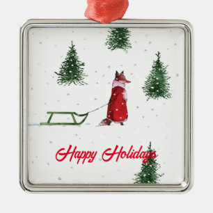 Fox dashing through the snow winter illustration metal tree decoration