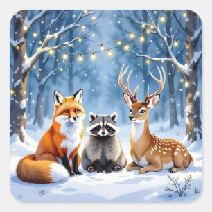 Fox, Deer and Racoon in Festive Forest Christmas Square Sticker