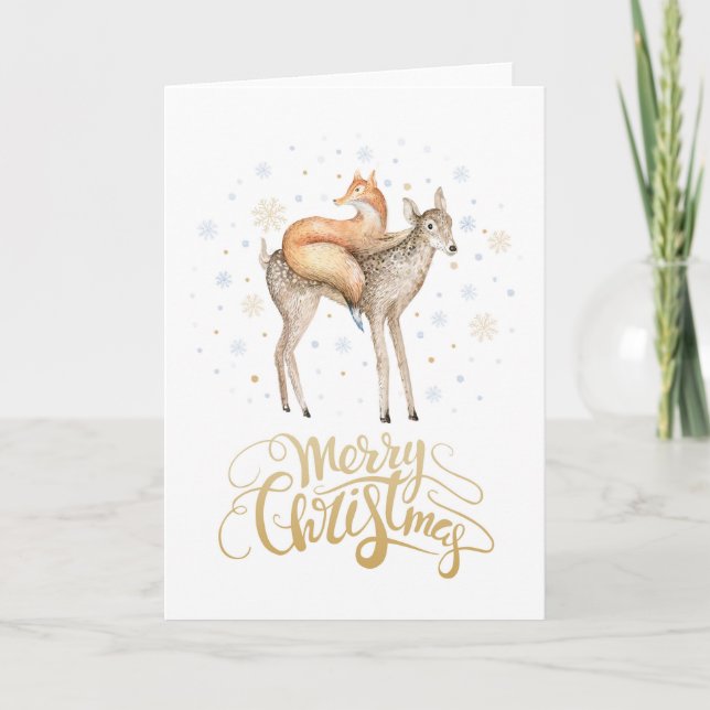 Fox Deer Winter Snow Merry Christmas Holiday Card (Front)