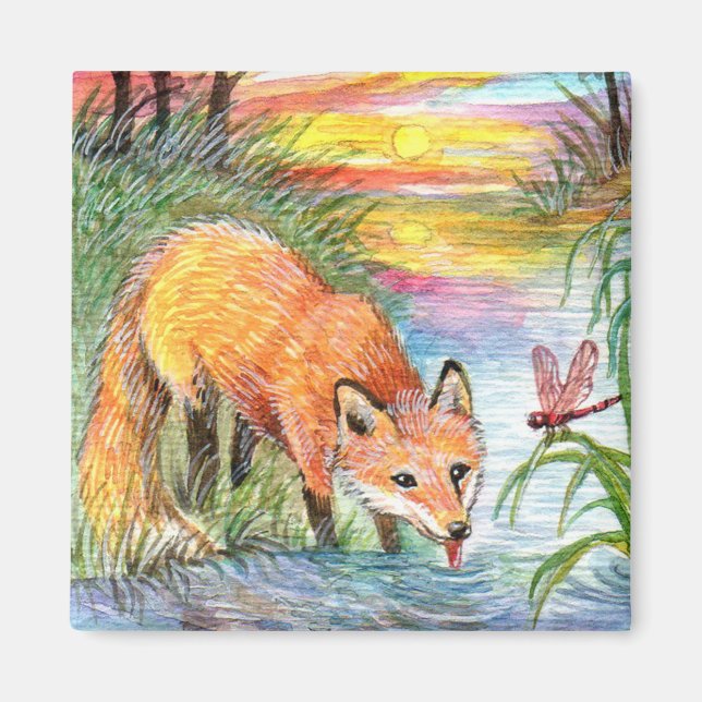 Fox Drinking by Riverside Magnet (Front)